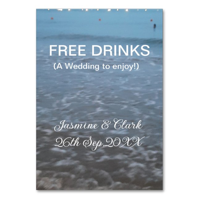 Tarjeta De Mesa Bebidas gratis excepto la fecha de boda de la play (Anverso)