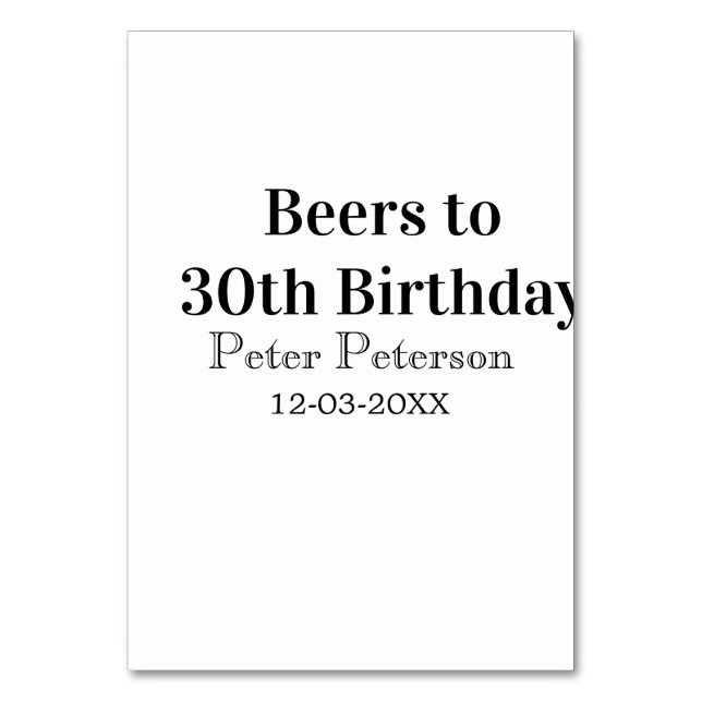 Tarjeta De Mesa Beers to 30th birthday name date man stylishSimple (Anverso)