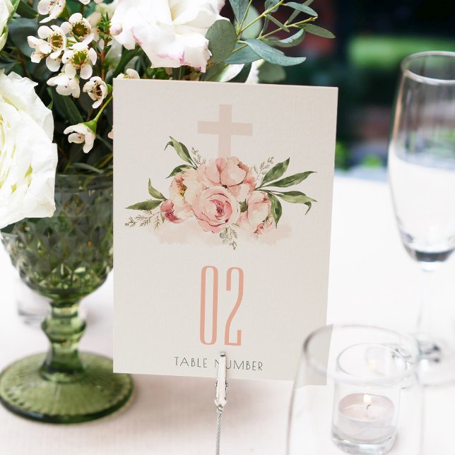 Tarjeta De Mesa Bienvenida al bautismo de Peach Peony Floral Cross (Subido por el creador)