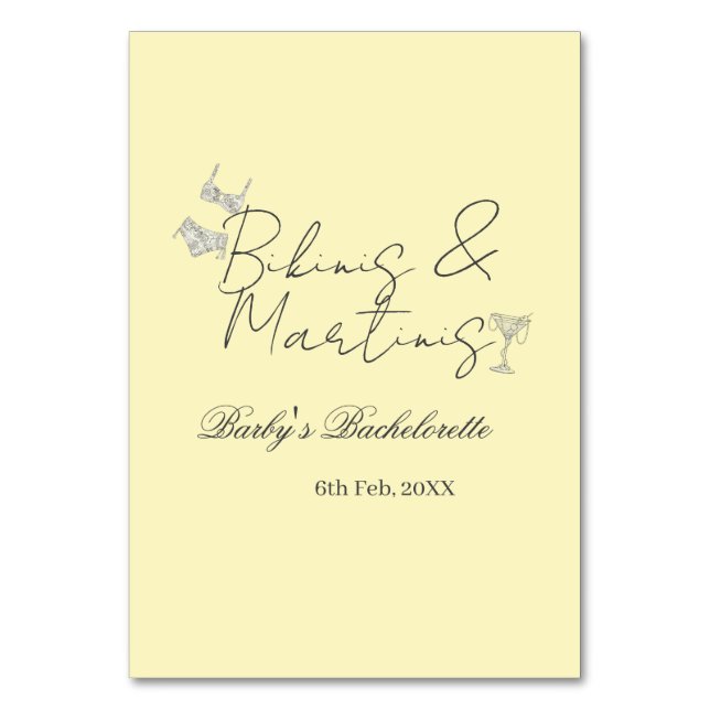Tarjeta De Mesa Bikins & Martinis bachelorette party yellow retro (Anverso)