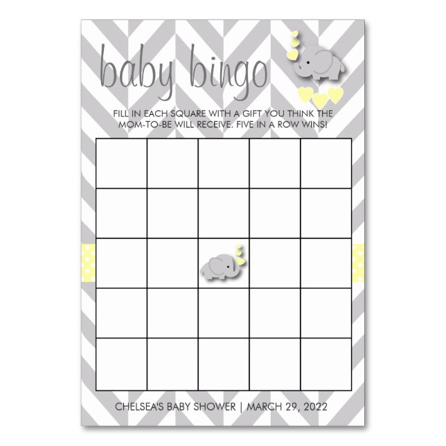 Tarjeta De Mesa Bingo Baby Shower de elefante amarillo y gris dulc (Anverso)