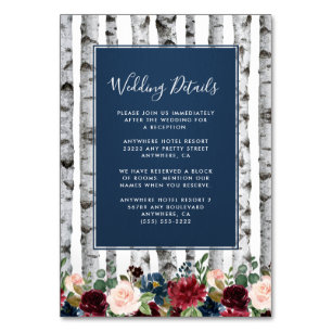 Tarjeta De Mesa Birch Trees Navy Burgundy Boda Insertar Cartas