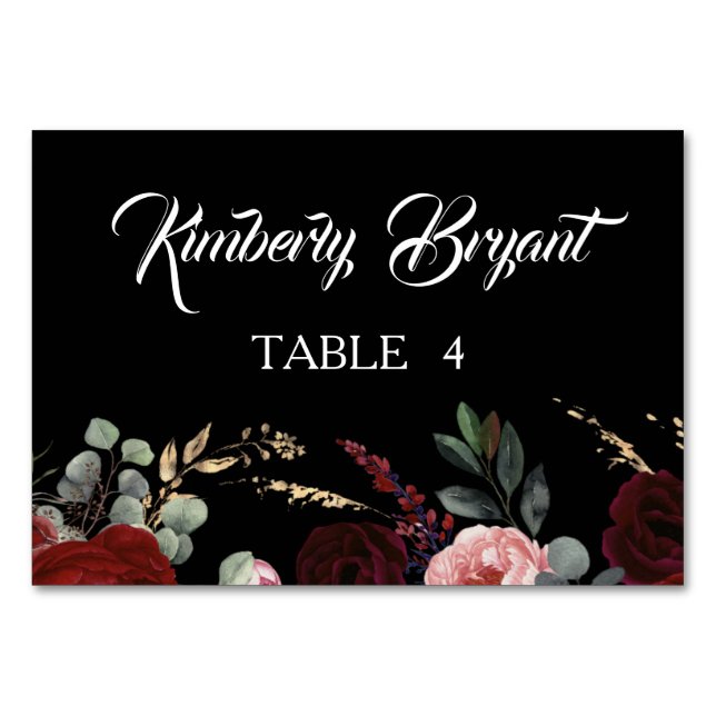 Tarjeta De Mesa Black Burgundy Red Floral Individual Names Place (Anverso)