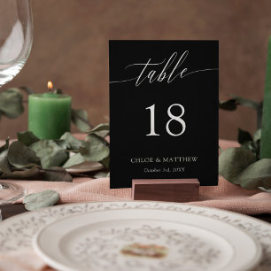 Tarjeta De Mesa Black Delicate Calligraphy Names & Boda Date