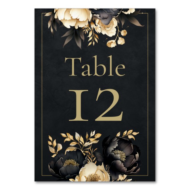 Tarjeta De Mesa Black & Gold Peony Wedding Table Number (Anverso)
