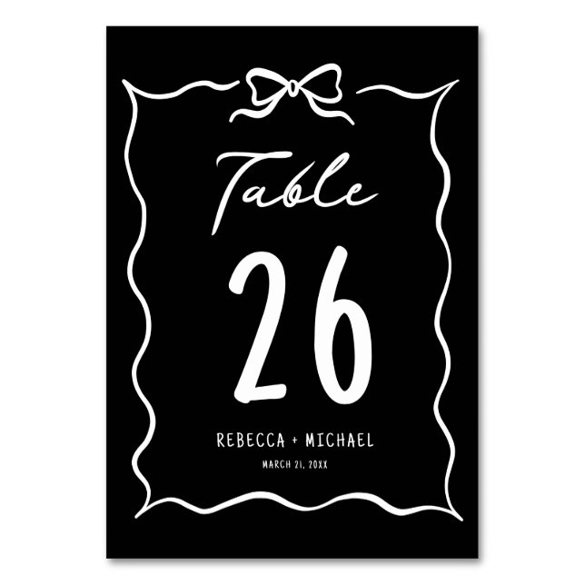 Tarjeta De Mesa Black Hand Drawn White Bow Wedding (Anverso)