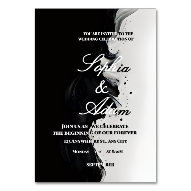 Tarjeta De Mesa Black & White Ink Art Wedding Invitation (Anverso)