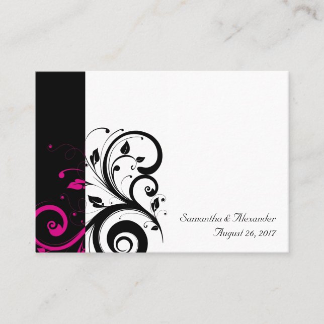 Tarjeta De Mesa Black, White, Magenta Swirl PlaceCards, Escrito (Anverso)