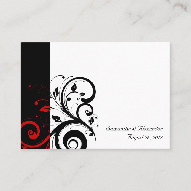 Tarjeta De Mesa Black, White, Red Reverse Swirl PlaceCards, Escrit (Anverso)