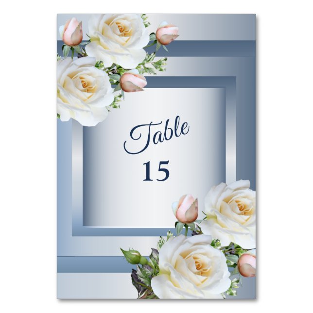 Tarjeta De Mesa Blanco Floral Elegante Gris Azul (Anverso)