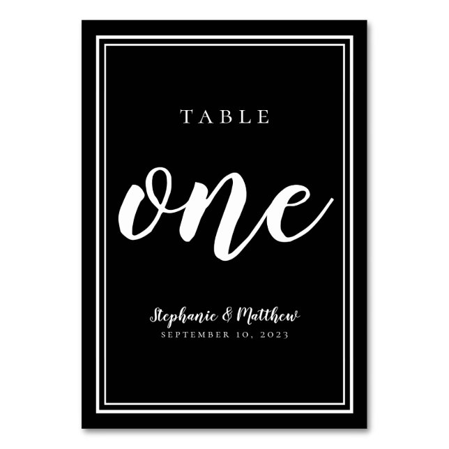 Tarjeta De Mesa Blanco Negro Simple Número Uno de Mesa de Boda (Anverso)