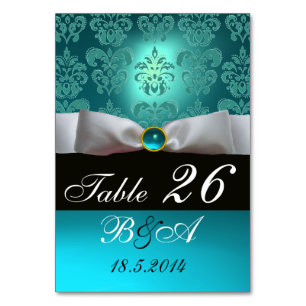 TARJETA DE MESA BLANCO RIBBON BLUE TURQUASE NEGRO DAMASK MONOGRAM