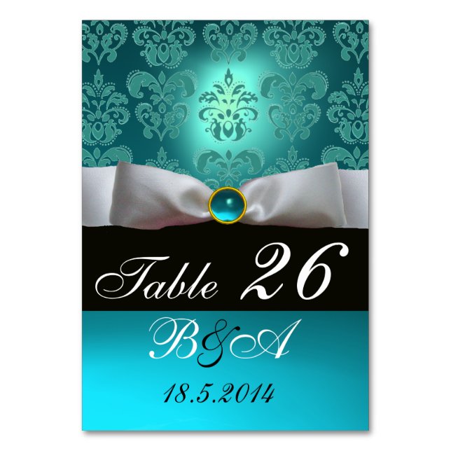 TARJETA DE MESA BLANCO RIBBON BLUE TURQUASE NEGRO DAMASK MONOGRAM (Anverso)