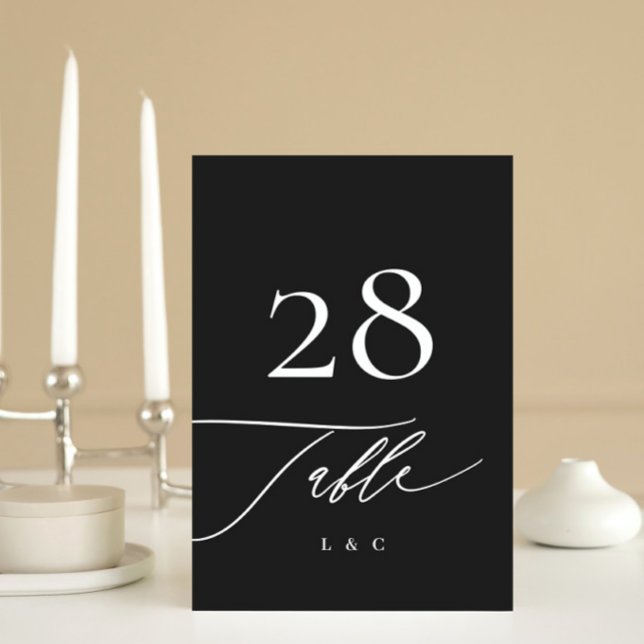 Tarjeta De Mesa Blanco sobre negro | Caligrafía Boda moderno (Subido por el creador)