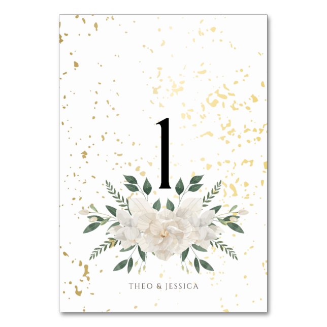 Tarjeta De Mesa Blanco y oro que hacemos número de tabla (Anverso)