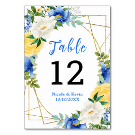 Tarjeta De Mesa Blue and Yellow Floral Wedding