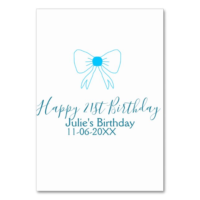Tarjeta De Mesa Blue bow happy 21ᵉʳ cumpleaños date (Anverso)