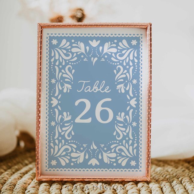Tarjeta De Mesa Blue Cielito Lindo Papel Picado Baby Shower (Blue Papel Picado Cielito Lindo Baby Shower Table Number)