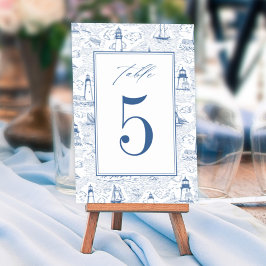 Tarjeta De Mesa Blue Coastal Toile Lighthouse Wedding