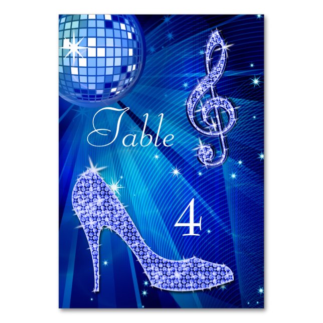Tarjeta De Mesa Blue Disco Ball y Stiletto Shoe Doble cara (Anverso)
