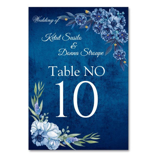 Tarjeta De Mesa Blue Elegant floral summer wedding (Anverso)
