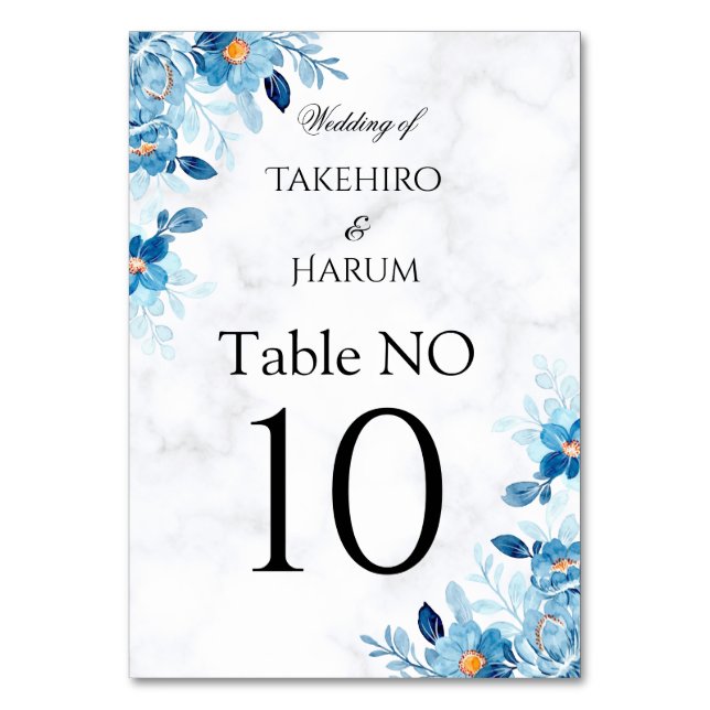 Tarjeta De Mesa Blue Elegant flower summer wedding (Anverso)