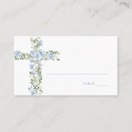 Tarjeta De Mesa Blue Floral Cross Boy Baptism Place Card