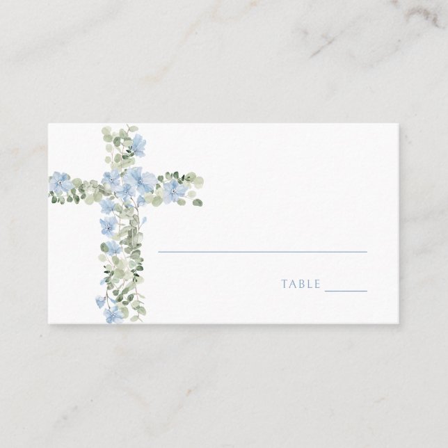 Tarjeta De Mesa Blue Floral Cross Boy Baptism Place Card (Anverso)