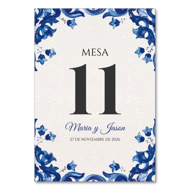 Tarjeta De Mesa Blue Floral Elegant Fiesta Spanish Wedding (Anverso)