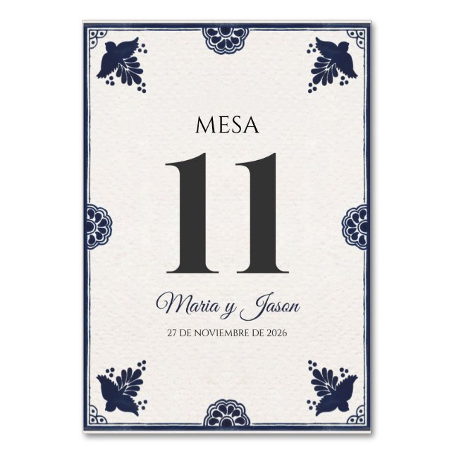 Tarjeta De Mesa Blue Floral Otomi Simple Fiesta Spanish Wedding (Anverso)