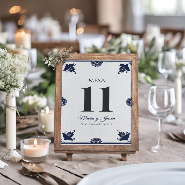 Tarjeta De Mesa Blue Floral Otomi Simple Fiesta Spanish Wedding (Blue Floral Otomi Simple Fiesta Spanish Wedding Table Number)