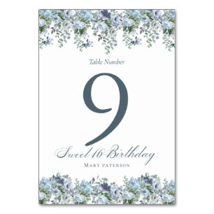Tarjeta De Mesa Blue Floral Sweet 16 Birthday Table Number