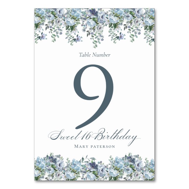 Tarjeta De Mesa Blue Floral Sweet 16 Birthday Table Number (Anverso)