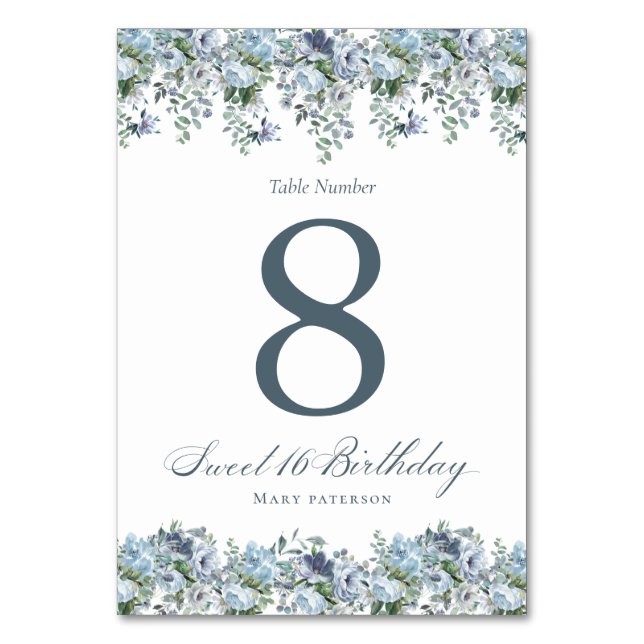 Tarjeta De Mesa Blue Floral Sweet 16 Cumpleaños (Anverso)