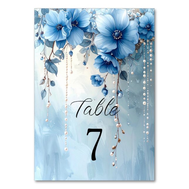 Tarjeta De Mesa Blue Flowers and Pearls Table Number (Anverso)
