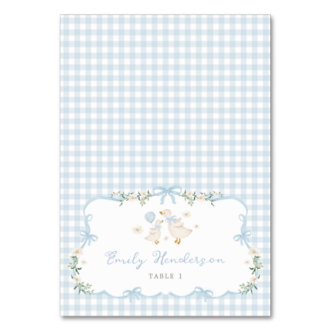 Tarjeta De Mesa Blue Gingham Silly Goose Table Place Cards (Anverso)
