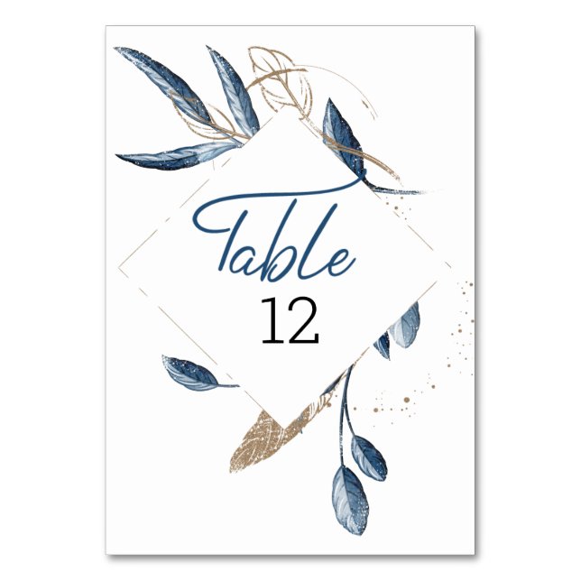 Tarjeta De Mesa Blue Gold Modern Floral Elegante Wedding (Anverso)