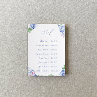 Tarjeta De Mesa Blue Hydrangea Elegant Alphabetic Seating Charts