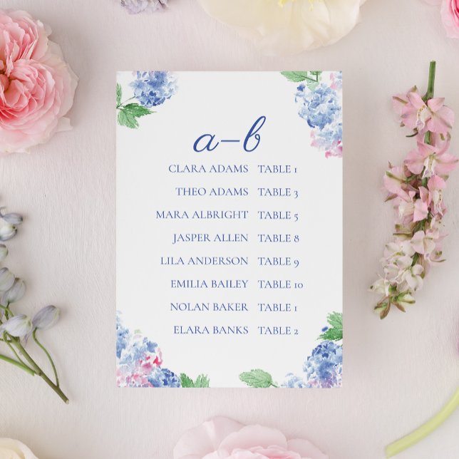Tarjeta De Mesa Blue Hydrangea Elegant Alphabetic Seating Charts (Subido por el creador)