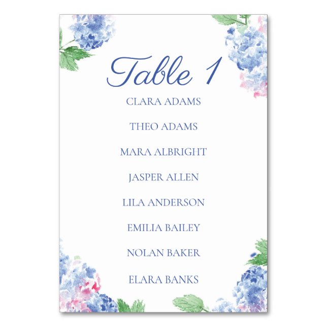 Tarjeta De Mesa Blue Hydrangea Elegant Numeric Seating Chart Card (Anverso)