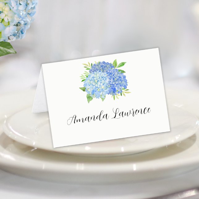 Tarjeta De Mesa Blue Hydrangea Guest Name Script Place Card (Subido por el creador)