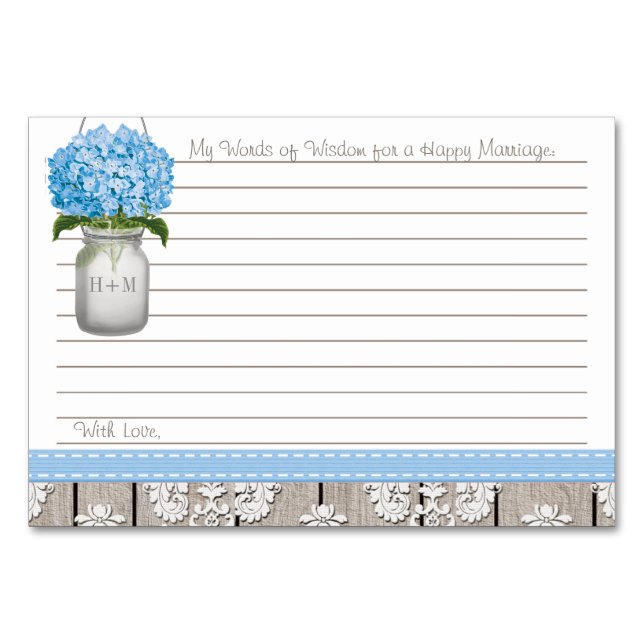 Tarjeta De Mesa Blue Hydrangea Mason Jar Palabras de Consejos (Anverso)