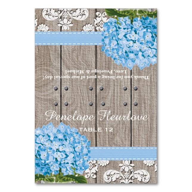 Tarjeta De Mesa Blue Hydrangea Ribbon DIY Tent Place Card (Anverso)