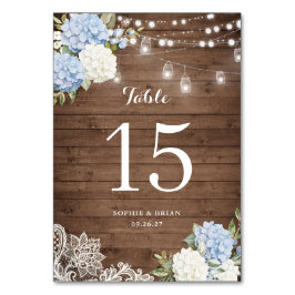 Tarjeta De Mesa Blue Hydrangea Rustic Wood Lace String Luces