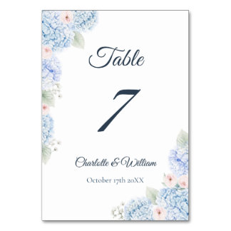 Tarjeta De Mesa Blue Hydrangea Watercolor Floral Table Number