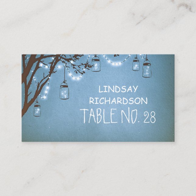 Tarjeta De Mesa Blue Mason Jar Fireflies String Lights Escort (Anverso)