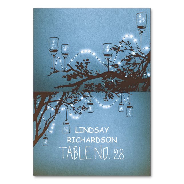Tarjeta De Mesa Blue Mason Jars String Lights Place Cards (Anverso)