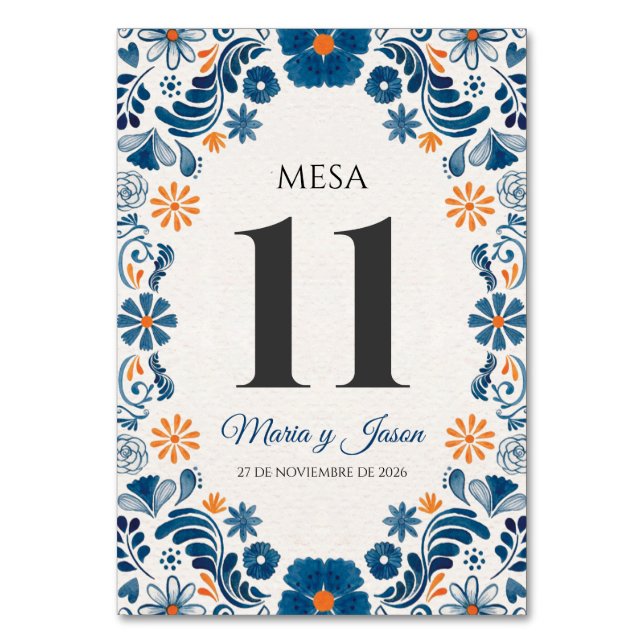 Tarjeta De Mesa Blue Orange Floral Elegant Fiesta Spanish Wedding (Anverso)