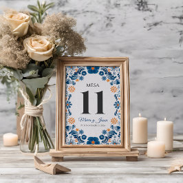 Tarjeta De Mesa Blue Orange Floral Elegant Fiesta Spanish Wedding