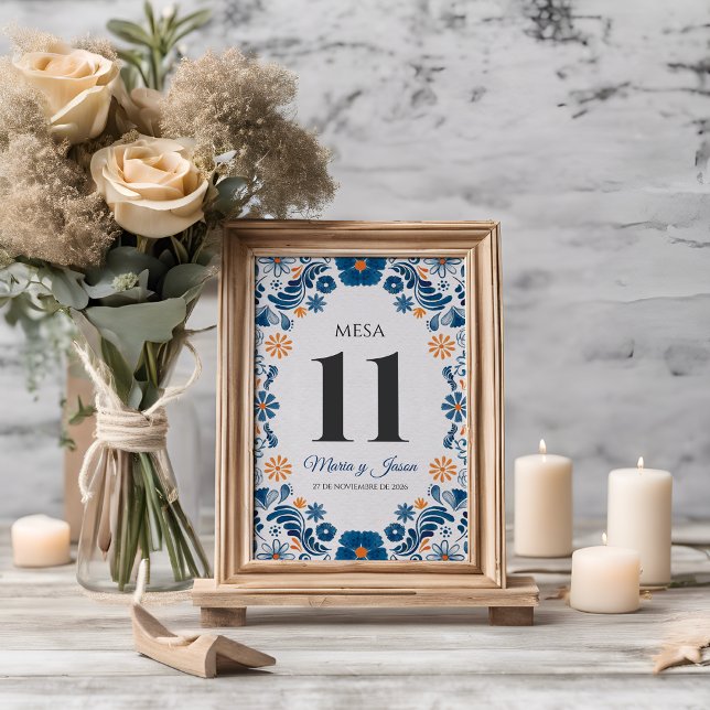 Tarjeta De Mesa Blue Orange Floral Elegant Fiesta Spanish Wedding (Blue Orange Floral Elegant Fiesta Spanish Wedding Table Number)